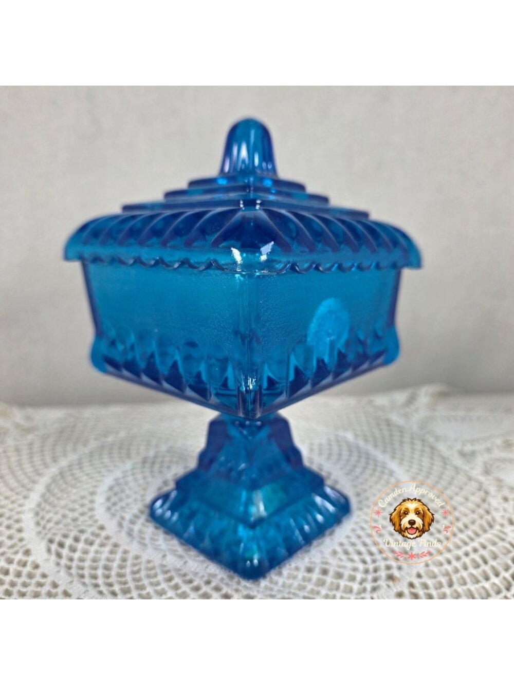 Vintage Jeannette Glass Blue Compote Candy Dish Pedestal Lidded Footed Bowl with
